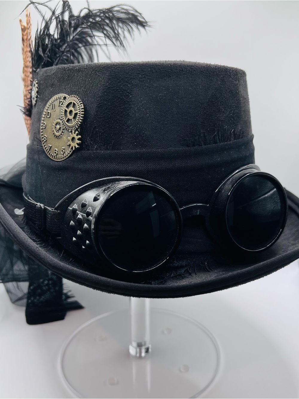 Steampunk Black Top Hat Goggles Feathers Gears Victorian Gothic Costume